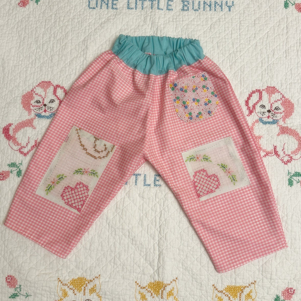 Kids Pants: Handmade Baggy Fit, pink Gingham check with vintage  embroidery knee patches, fully lined , Not padded