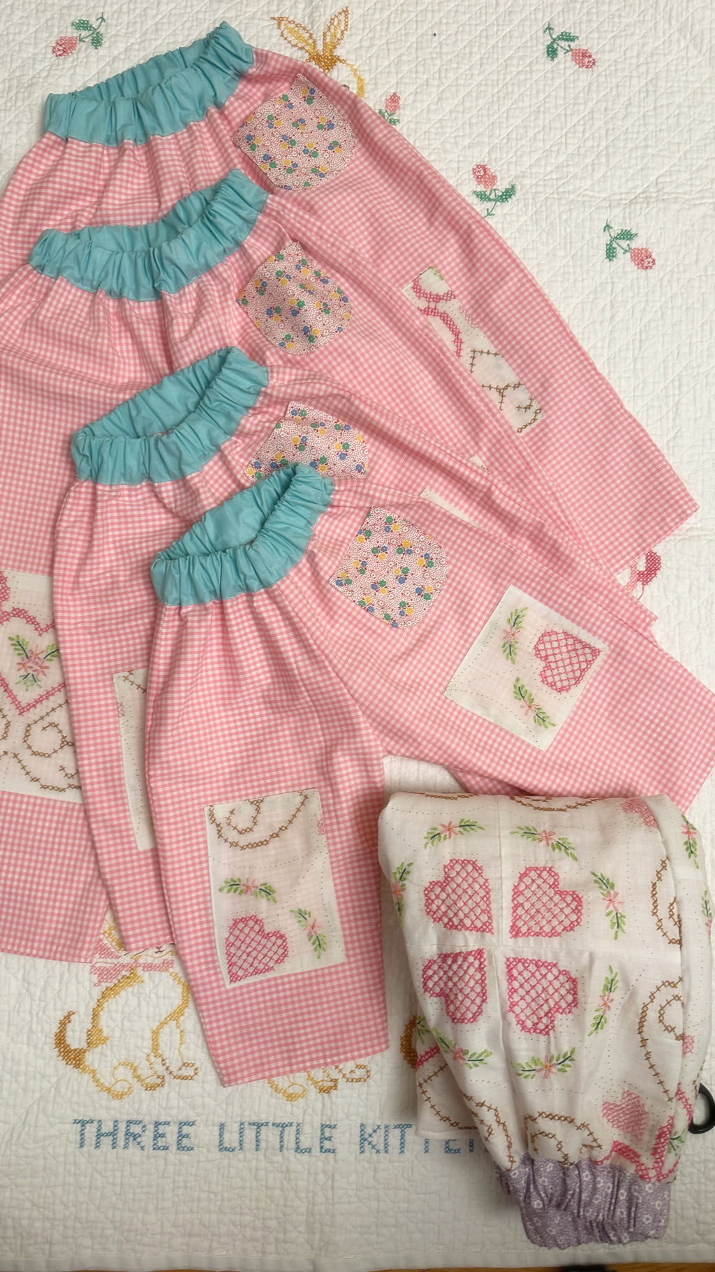 Kids Pants: Handmade Baggy Fit, pink Gingham check with vintage  embroidery knee patches, fully lined , Not padded