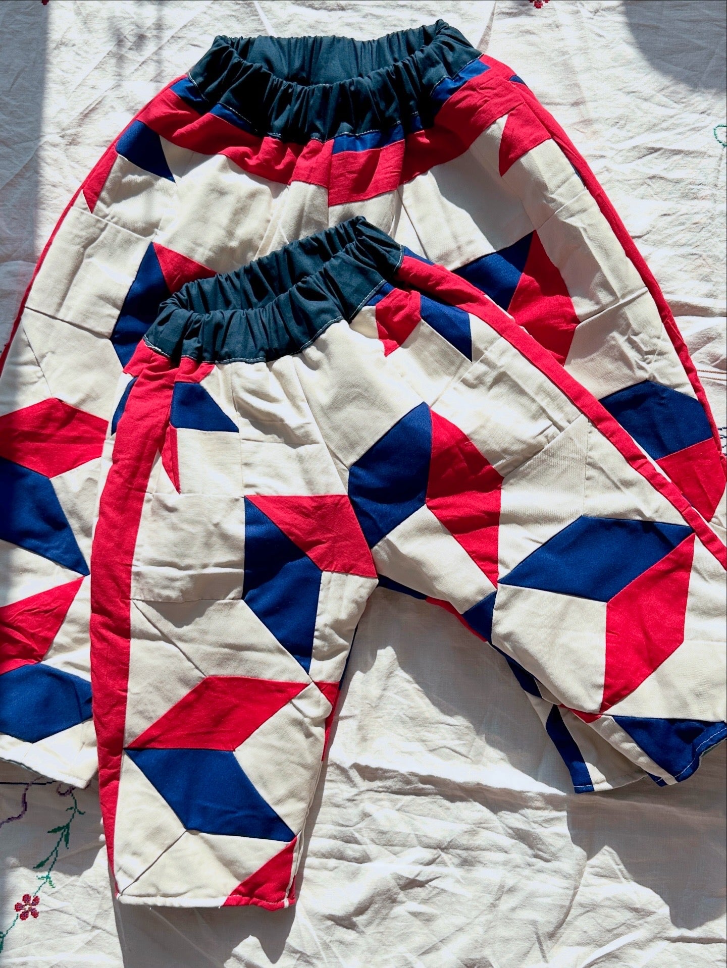 Vintage Quilt Kids Pants: Handmade Baggy Fit, Navy Blue, Red and White STAR pattern