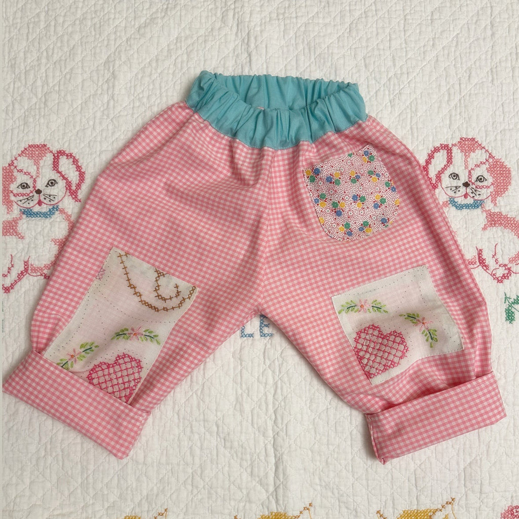 Kids Pants: Handmade Baggy Fit, pink Gingham check with vintage  embroidery knee patches, fully lined , Not padded