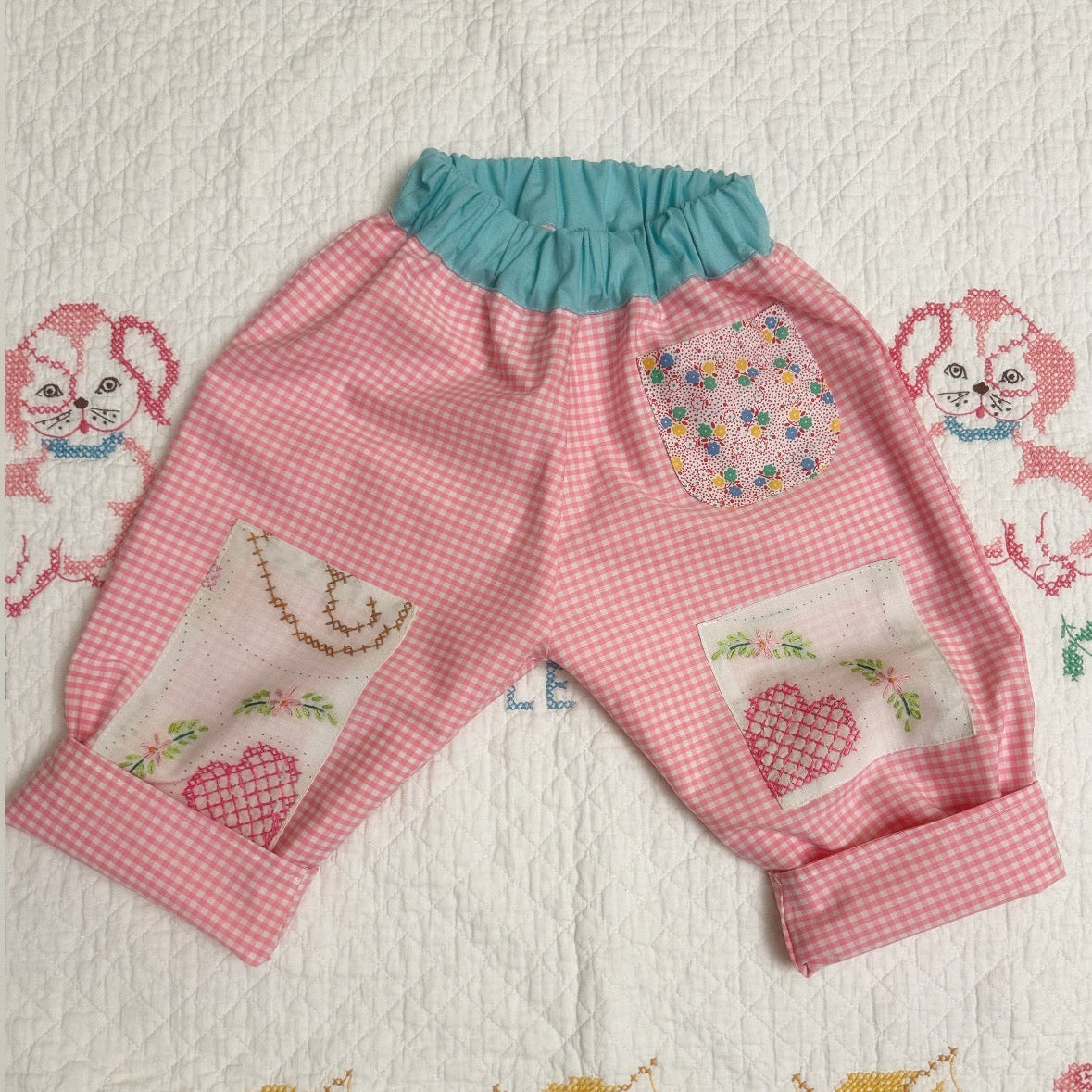 Kids Pants: Handmade Baggy Fit, pink Gingham check with vintage  embroidery knee patches, fully lined , Not padded