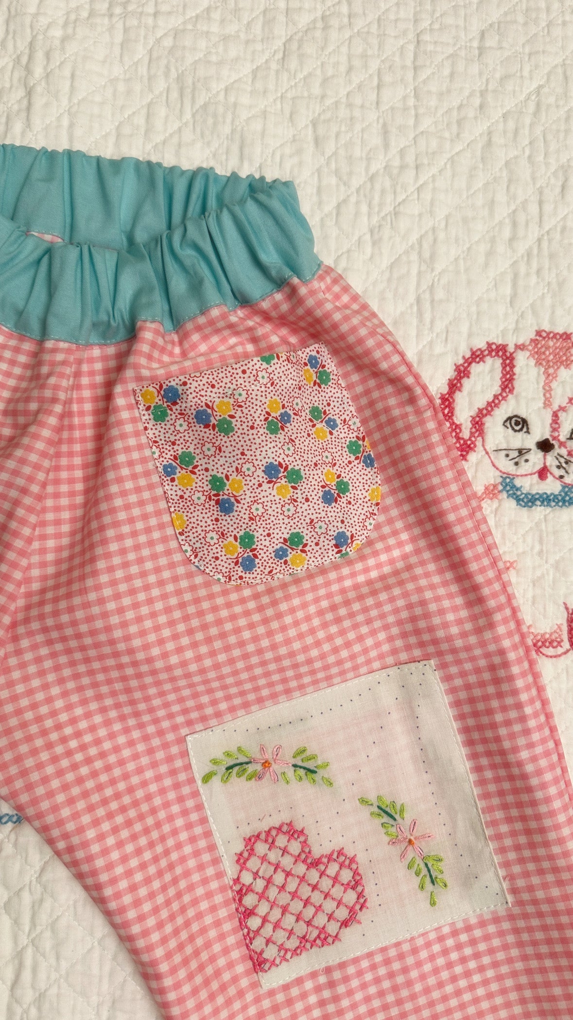 Kids Pants: Handmade Baggy Fit, pink Gingham check with vintage  embroidery knee patches, fully lined , Not padded