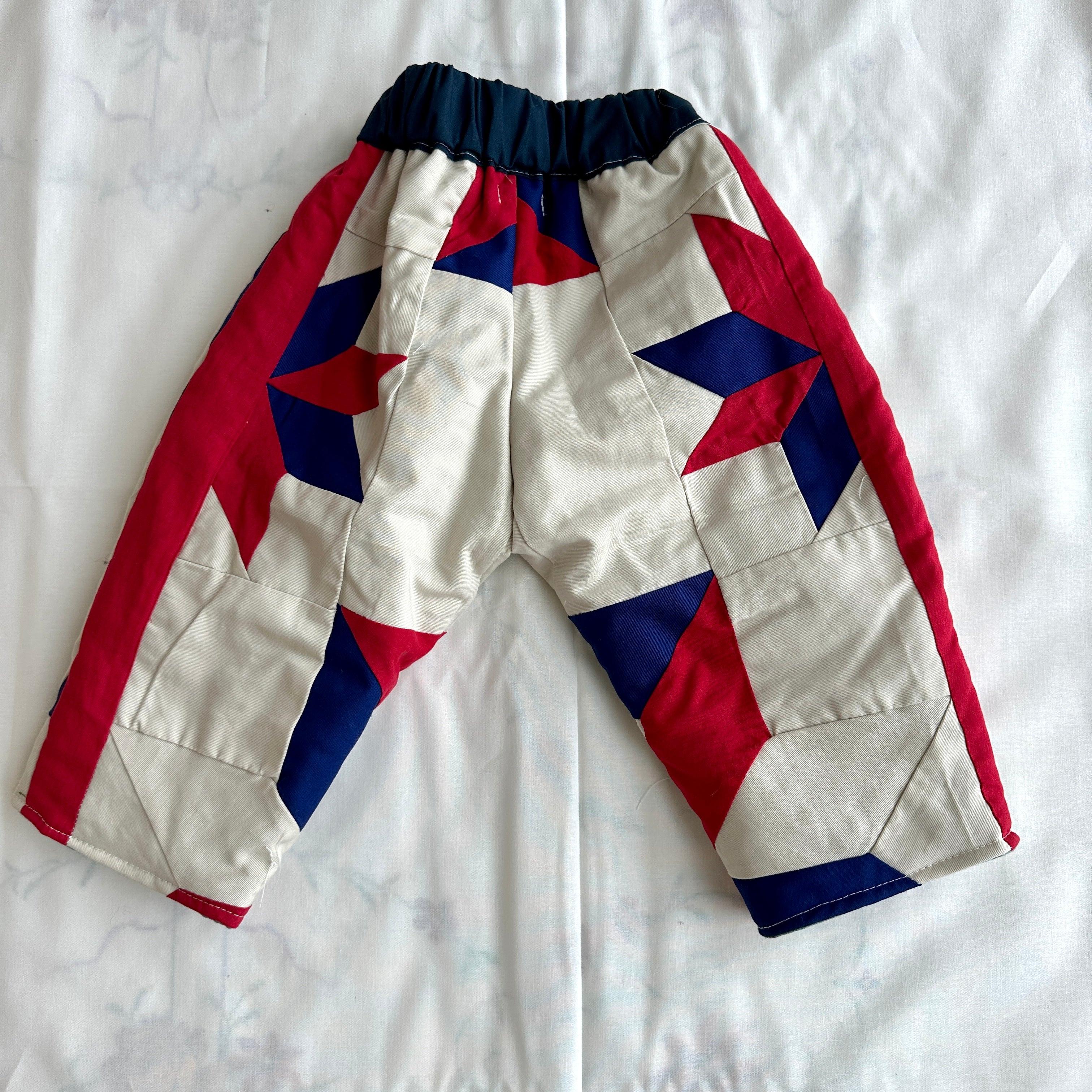Vintage Quilt Kids Pants: Handmade Baggy Fit, Navy Blue, Red and White STAR pattern