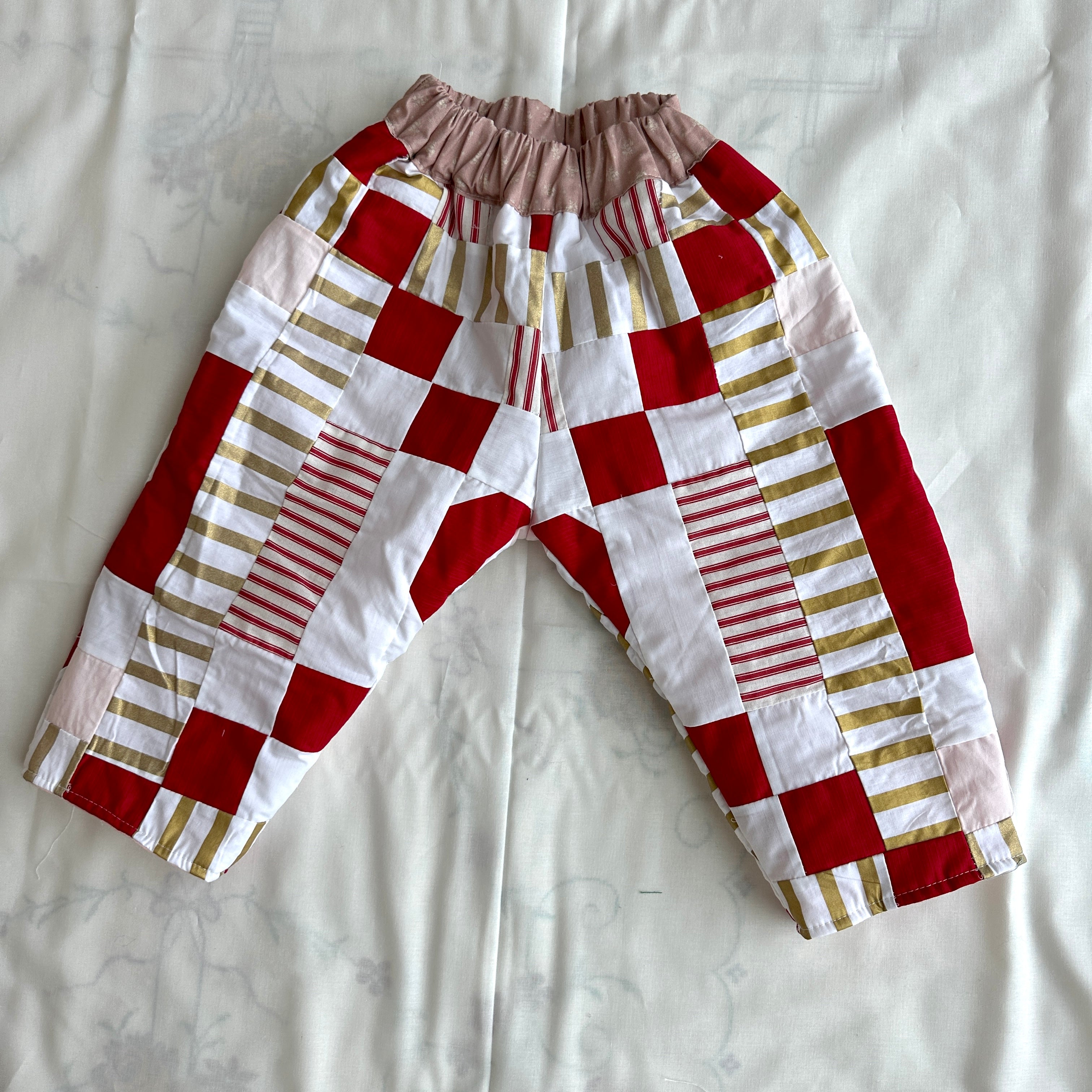 Vintage Quilt Kids Pants: Handmade Baggy Fit, Red, Pink and gold quilt pants  HEART pattern patch at back