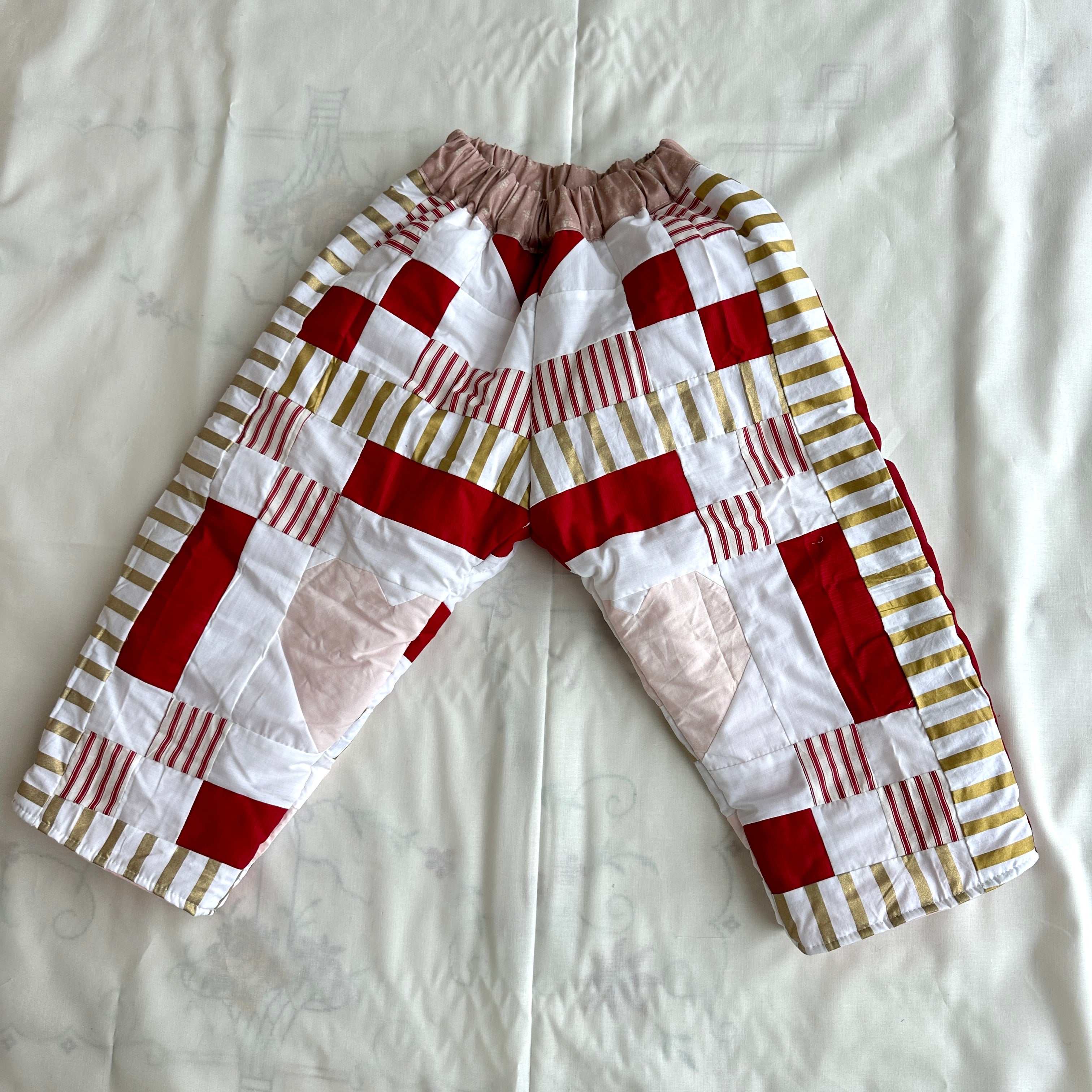 Vintage Quilt Kids Pants: Handmade Baggy Fit, Red, Pink and gold quilt pants  HEART pattern patch at back