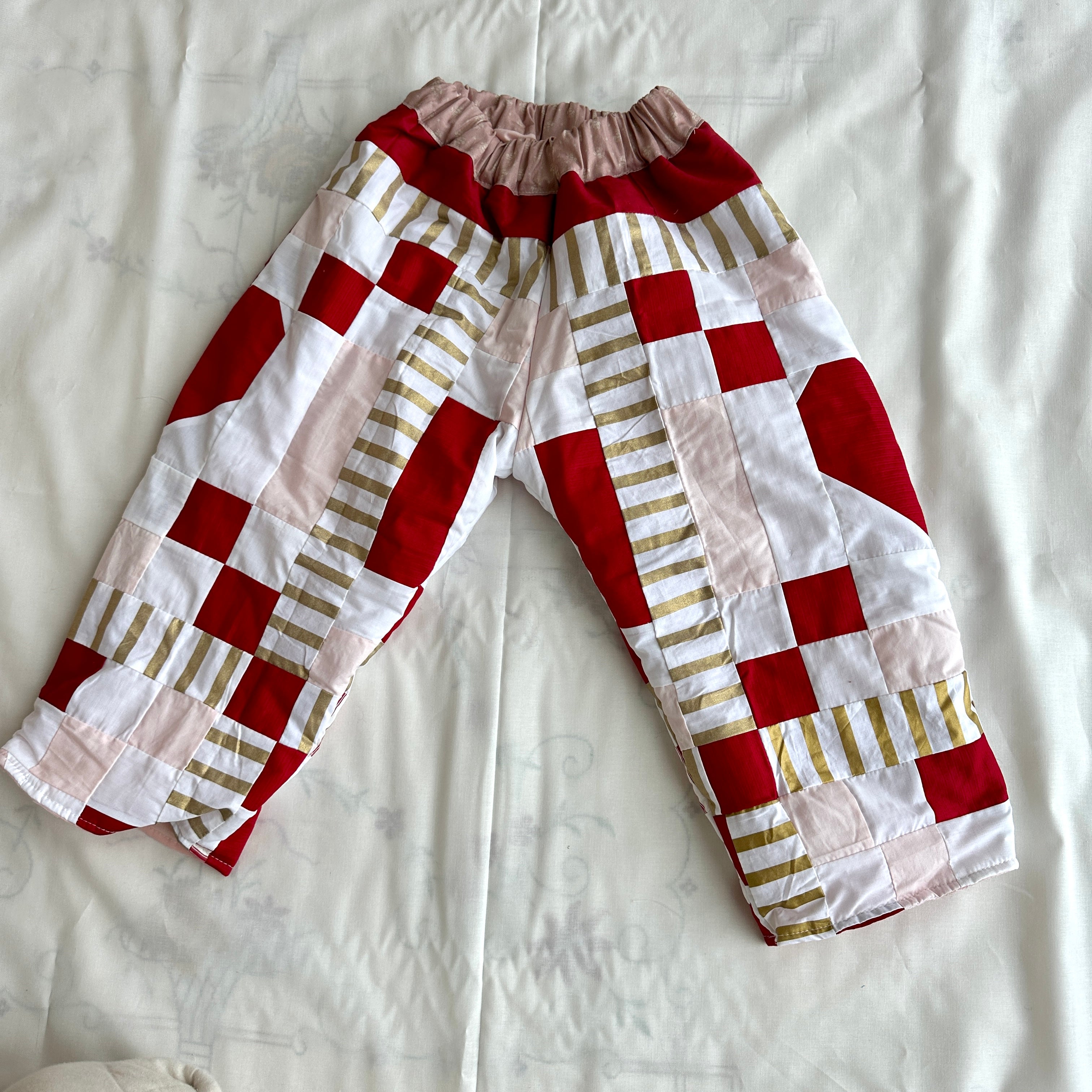 Vintage Quilt Kids Pants: Handmade Baggy Fit, Red, Pink and gold quilt pants  HEART pattern patch at back