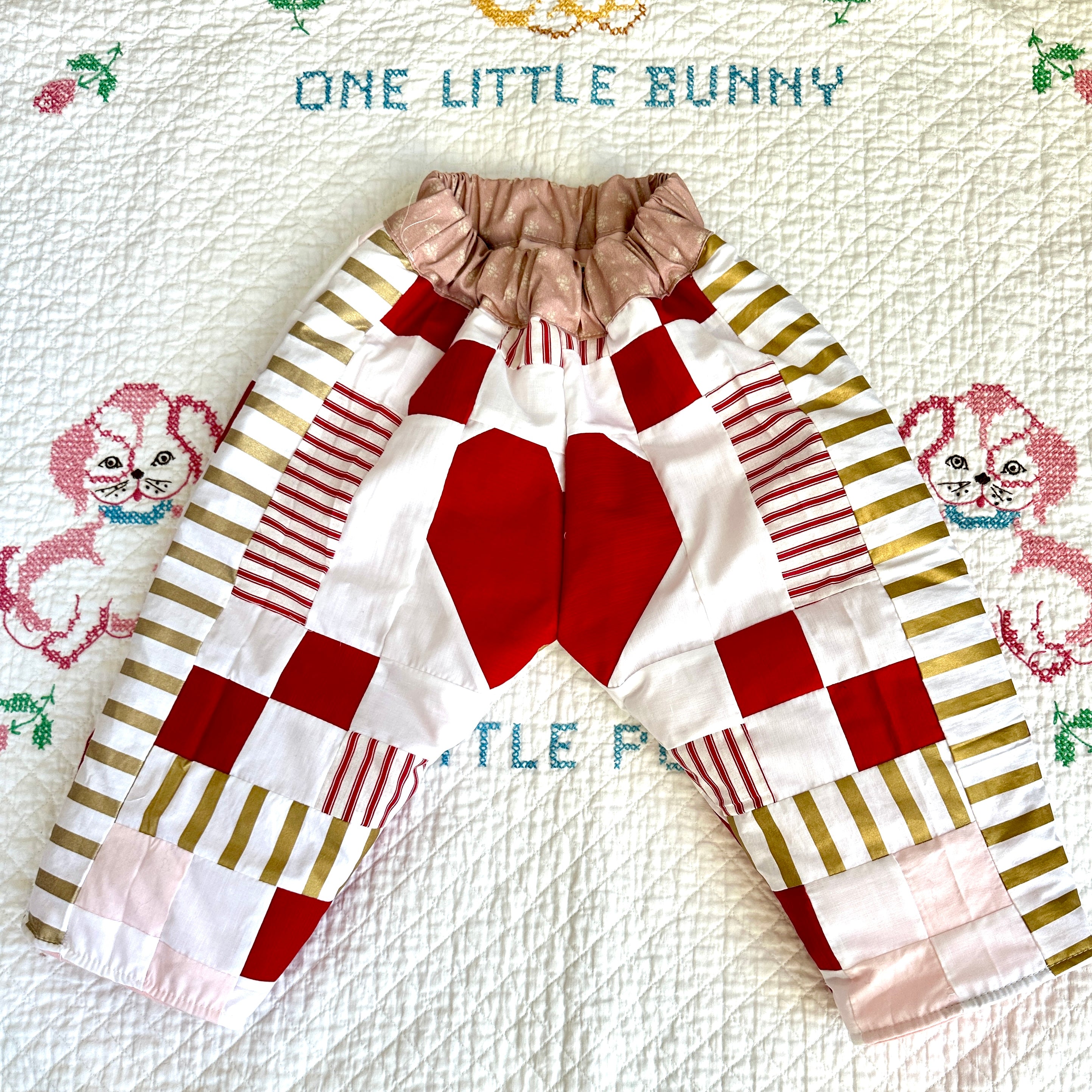 Vintage Quilt Kids Pants: Handmade Baggy Fit, Red, Pink and gold quilt pants  HEART pattern patch at back