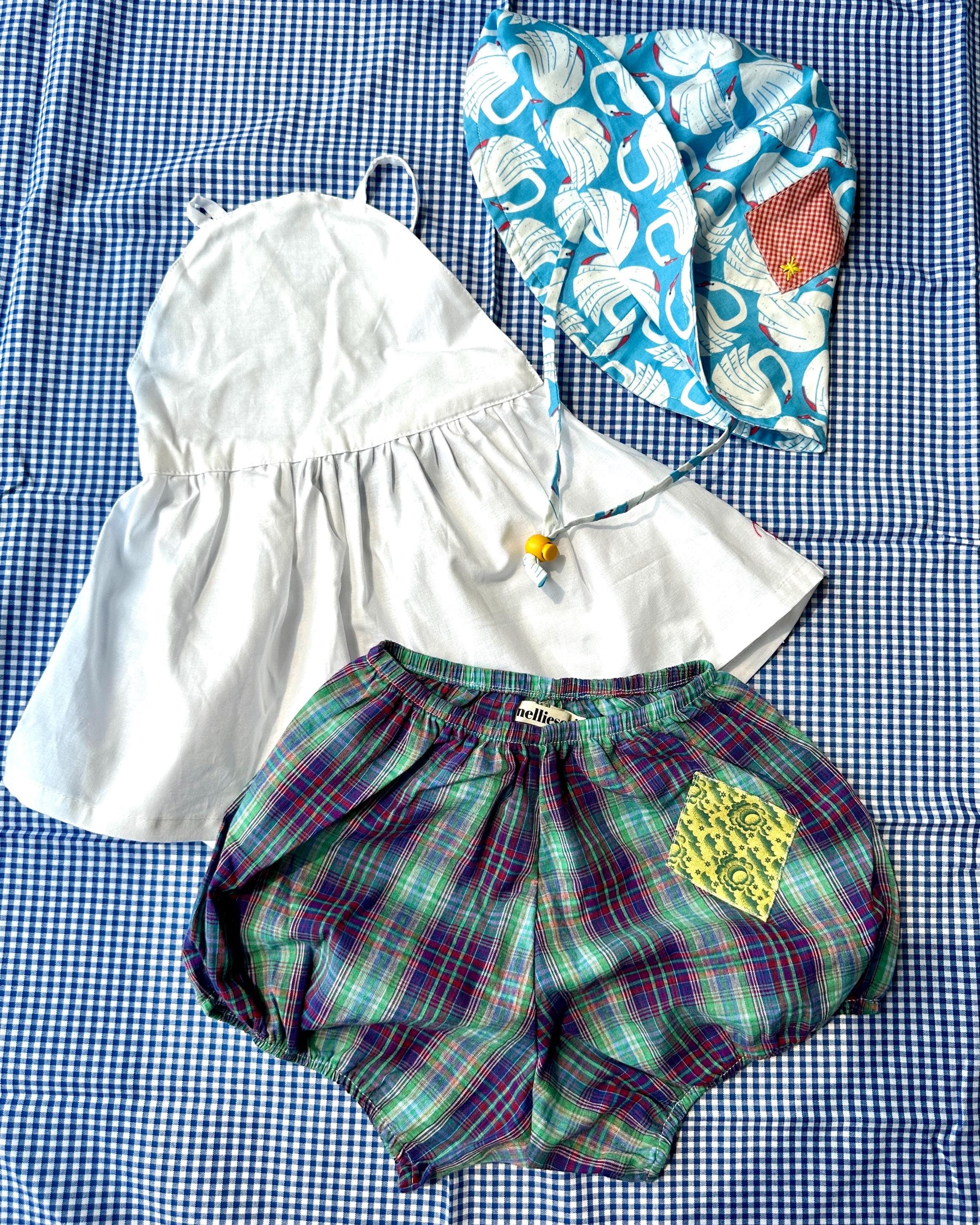 Purple Plaid Bloomer Shorts: Lightweight Cotton with Diamond Patch