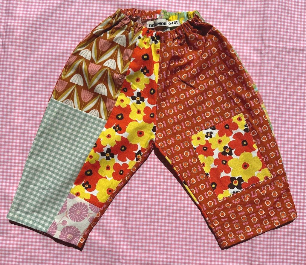 Patchwork Gojengee Style Kids Pants: Upcycled Cotton, Size 1-1.5Y