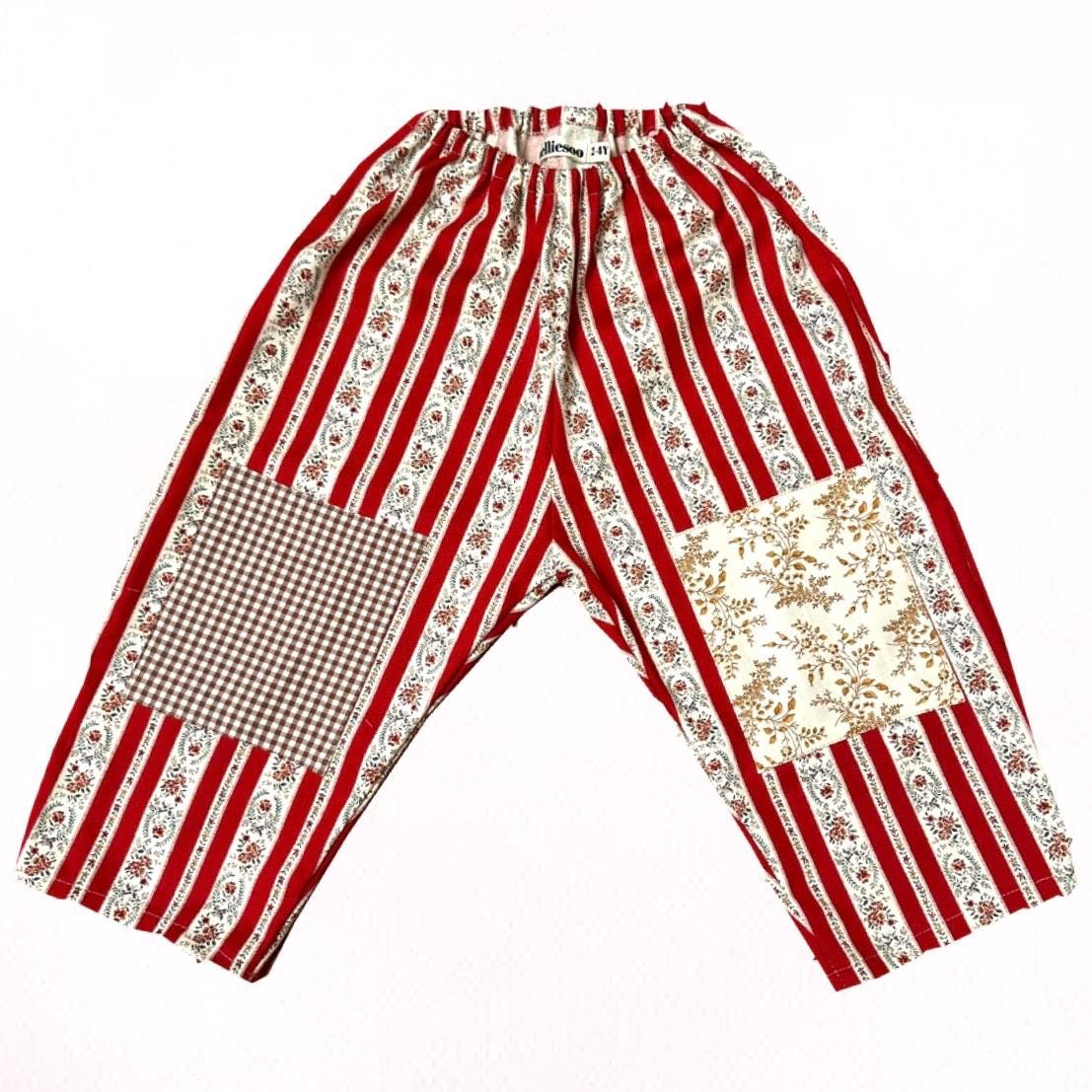 Organic Cotton Kids Loose Fit Pants: Red stripe vines size 2-4Y