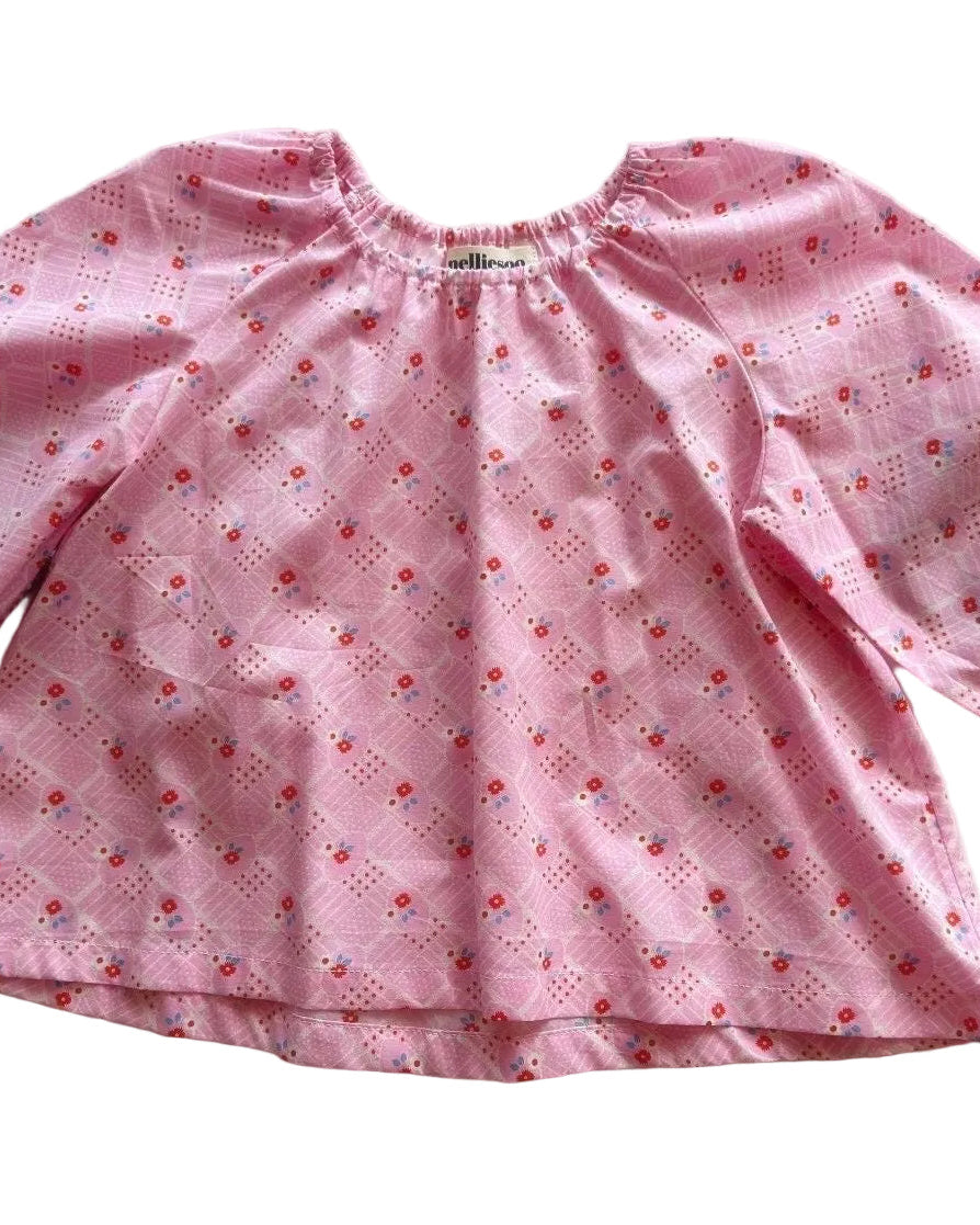 Kids Balloon Blouse: Floral  with Elbow Patch Top, Elastic Neck - Handmade